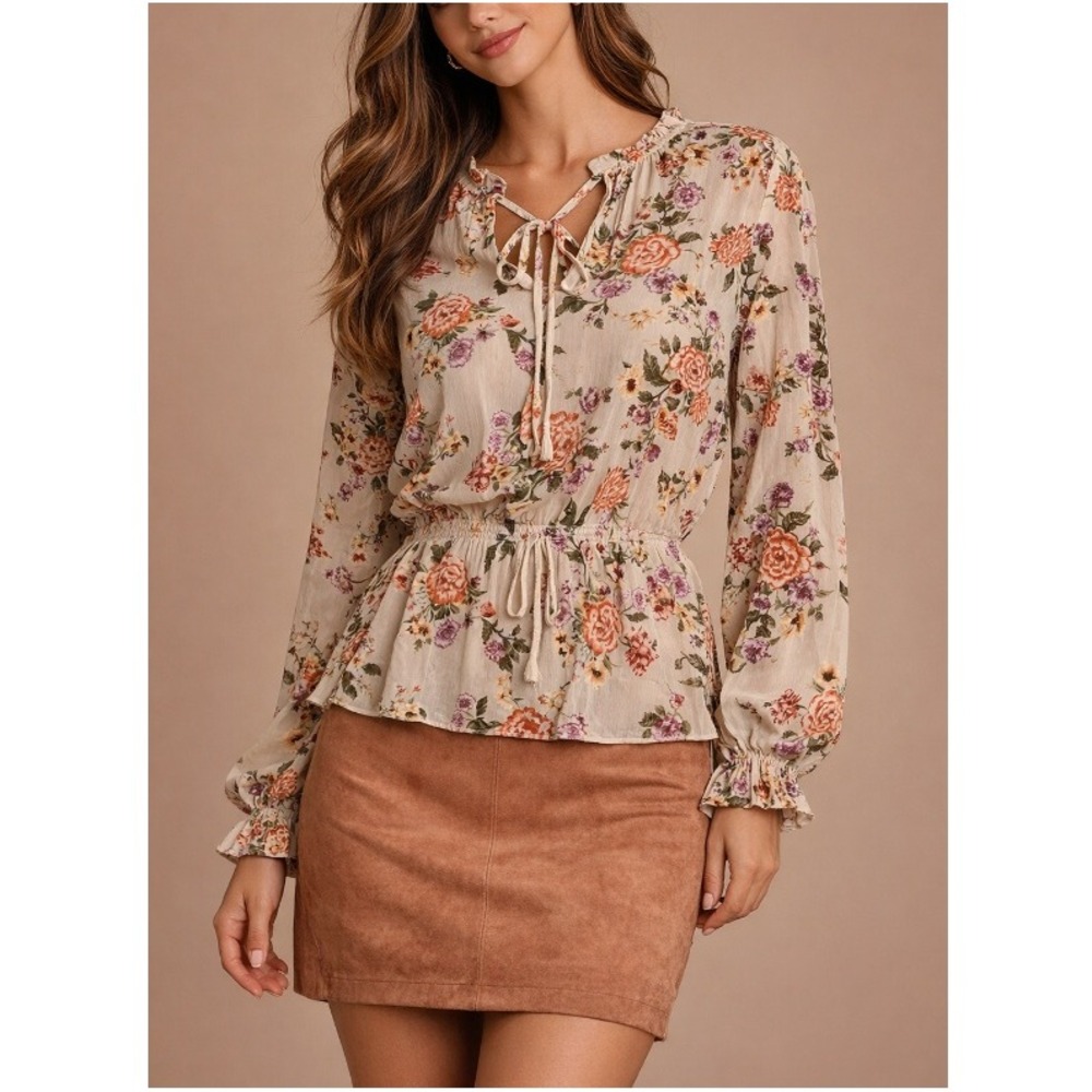 Lulus Women's Be Tender Beige Floral Sheer Ruffled Long Sleeve Top Size‎ S NWOT